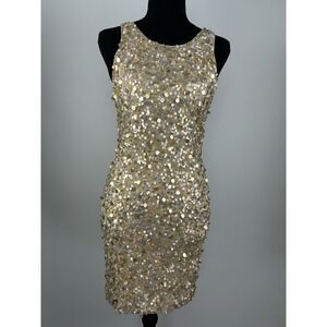 alice + olivia 3 Gold Sequin Sleeveless Sheath Dress Scoop Neck Short W XS Prom